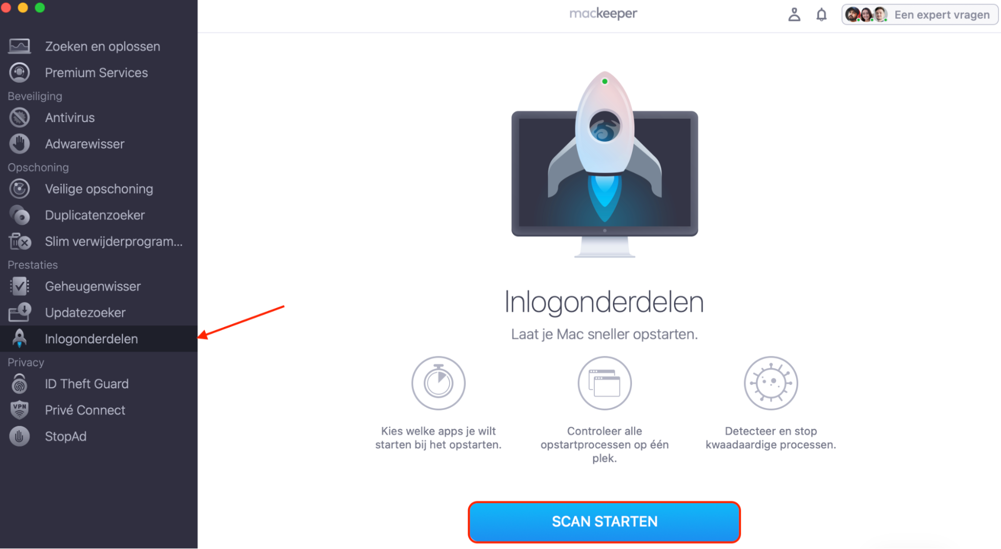 Het hulpprogramma Inlogitems in MacKeeper op de Mac. Met dit hulpprogramma kun je inlogitems vinden en verwijderen die je op de Mac niet nodig hebt.
