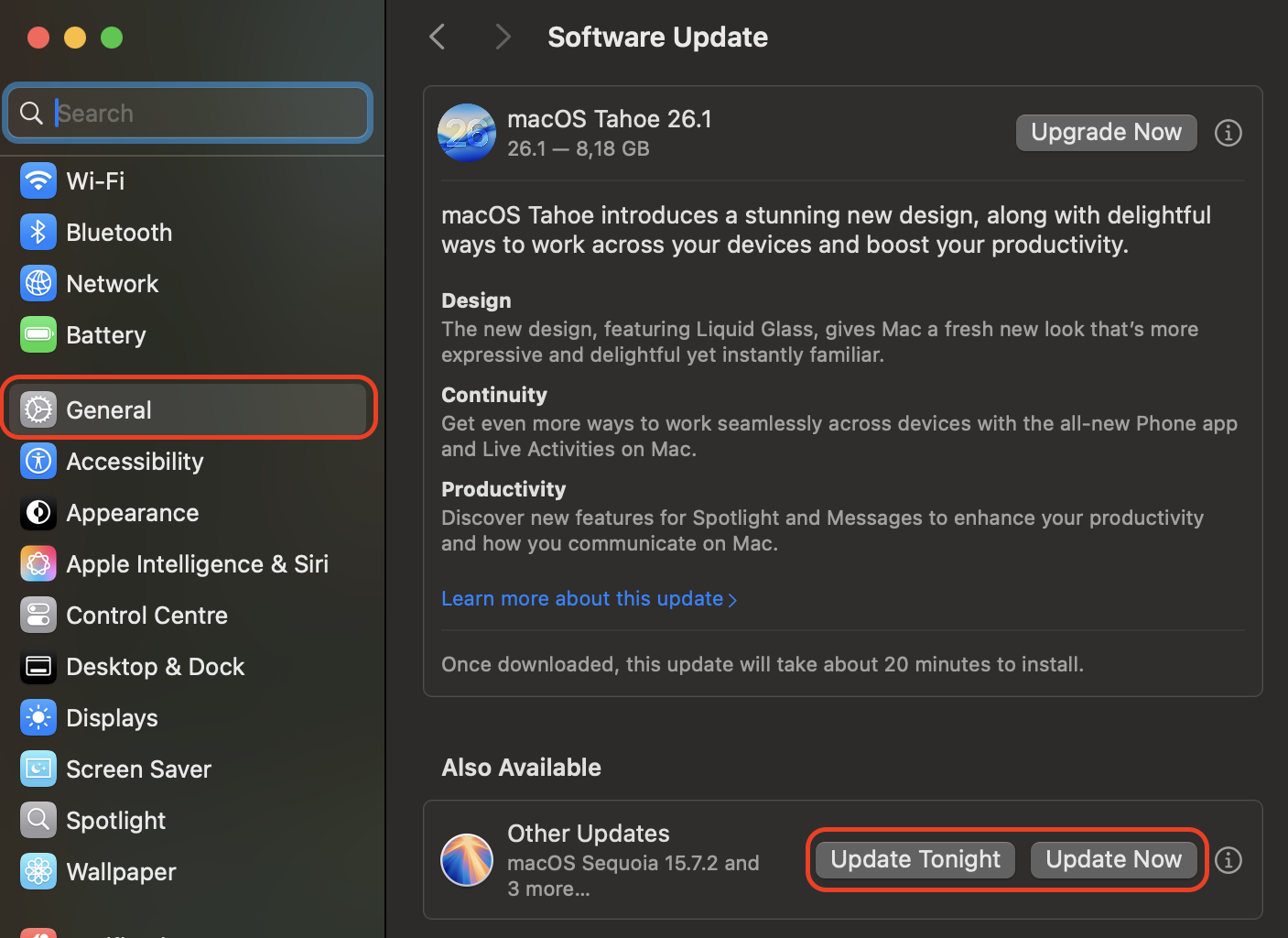 Open System Settings, select General, choose Software Update, and install any available macOS update to keep your system current and secure.