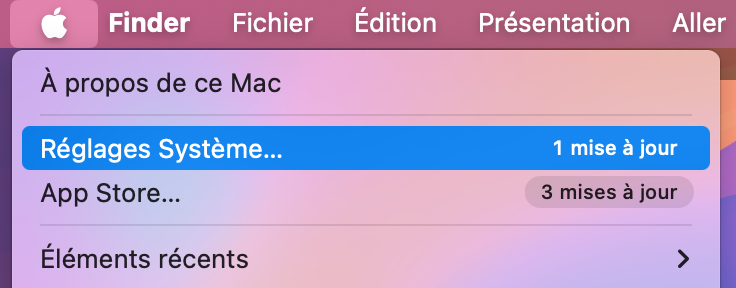 Cliquez sur le logo Apple et sélectionnez Réglages Système pour mettre à jour votre Mac.