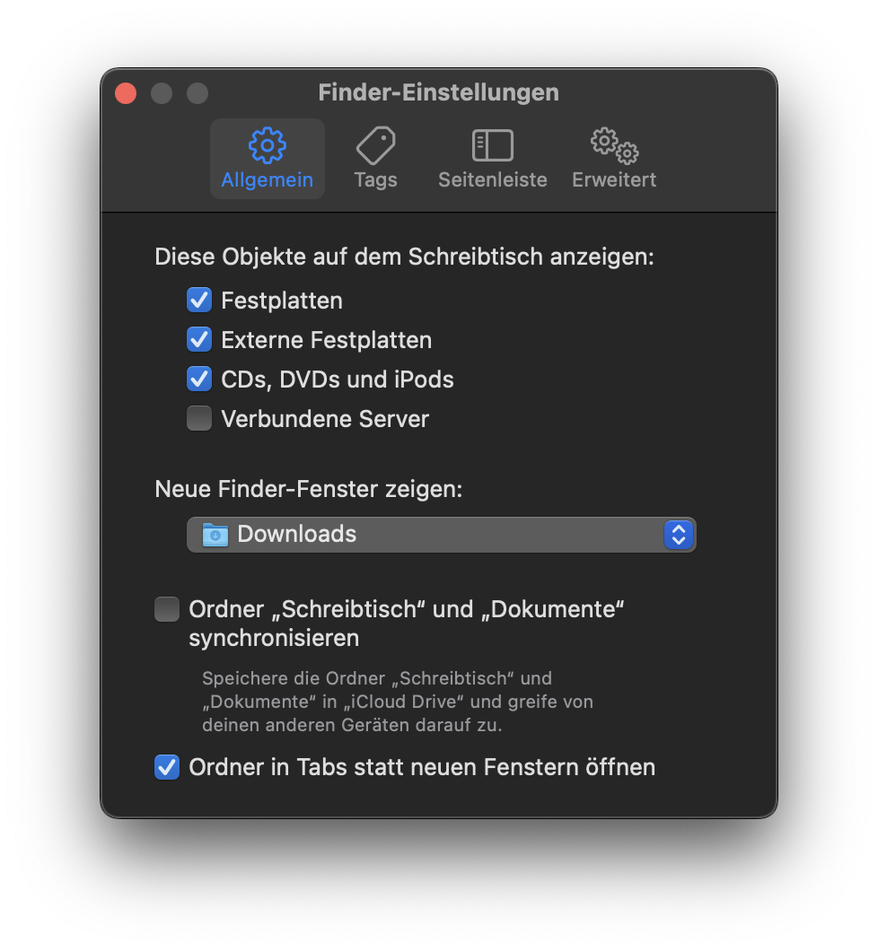 Stellen Sie im Fenster Finder-Einstellungen sicher, dass Sie sich auf der Registerkarte Allgemein befinden, und überprüfen Sie, ob das Kontrollkästchen neben Externe Festplatten aktiviert ist.
