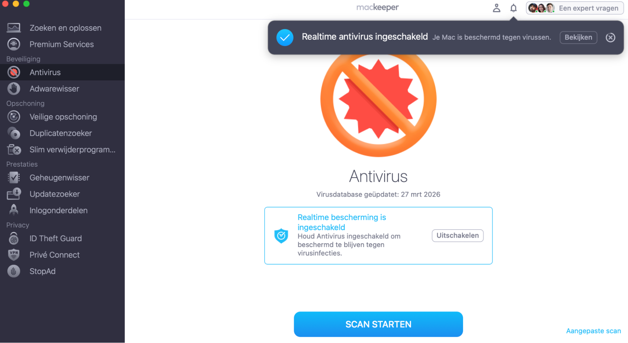 Om realtime bescherming tegen virussen in MacKeeper te gebruiken, volg je de instructies op het scherm om MacKeeper toestemming te geven je te beschermen.