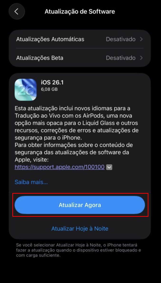 A tela de Atualização de Software no iOS mostrando uma nova atualização. Selecione Atualizar Agora para atualizar o iOS.