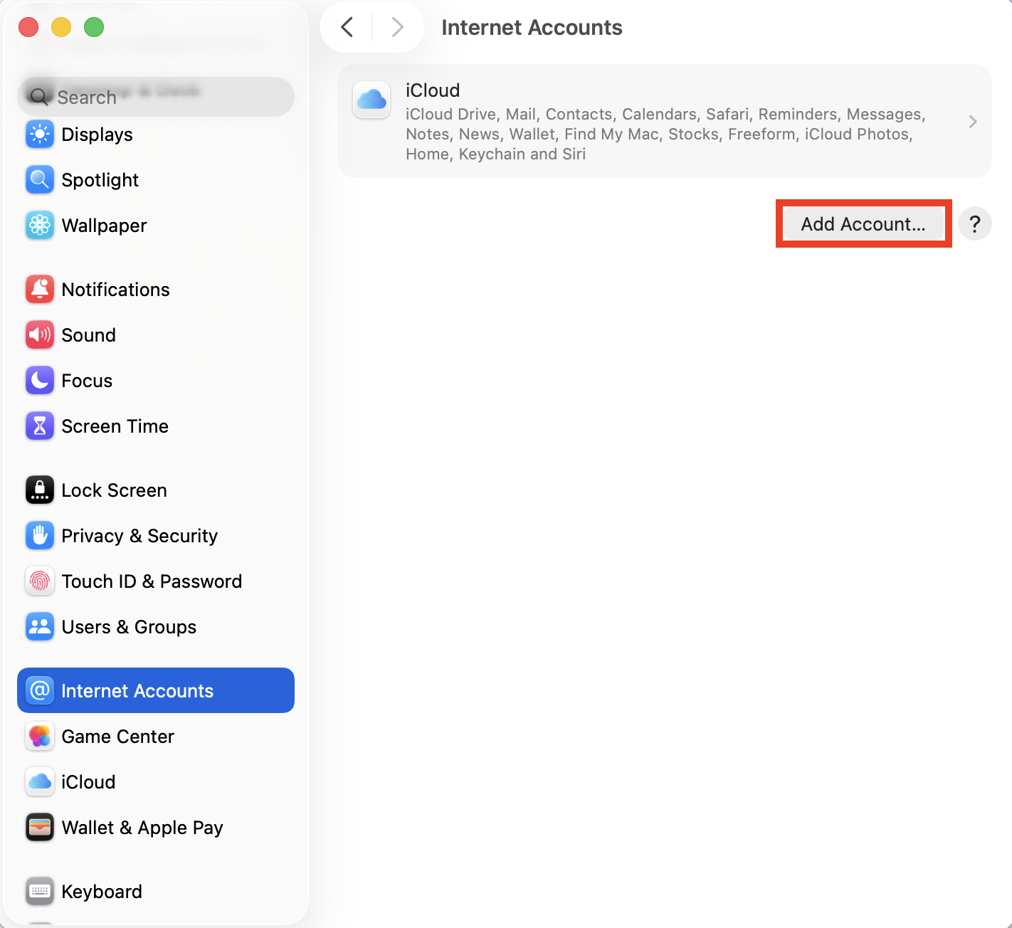 The Add Account option in Internet Accounts > System Settings on Mac. You can try removing and re-adding your Exchange account to fix issues when you encounter the Exchange password required error.