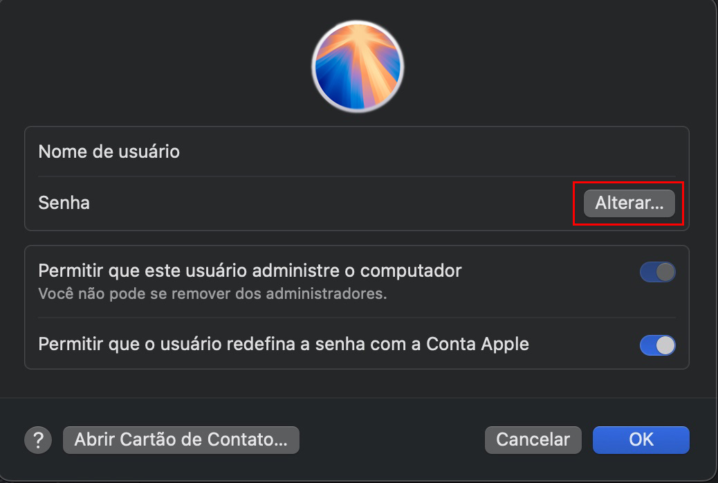 Em Usuários e Grupos, clique no usuário Administrador e depois em alterar ao lado de senha para atualizá-la, caso outros usuários do seu dispositivo saibam sua senha. Isso pode proteger sua conta contra outros usuários que tentem alterar suas configurações de privacidade ou acessar seus dados.
