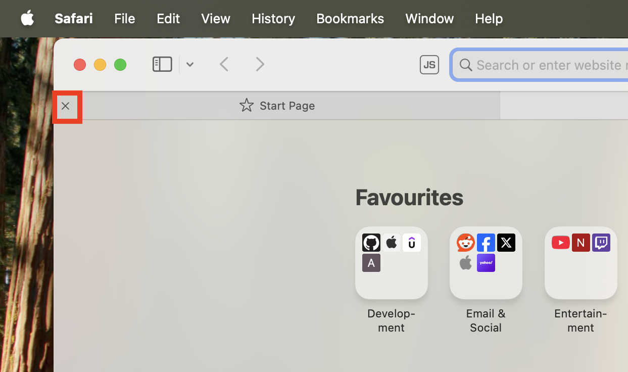 The close tab icon in Safari on Mac. When you need to know how to force quit Safari on Mac, first try closing unwanted tabs to unfreeze Safari and then see if you can close it normally.