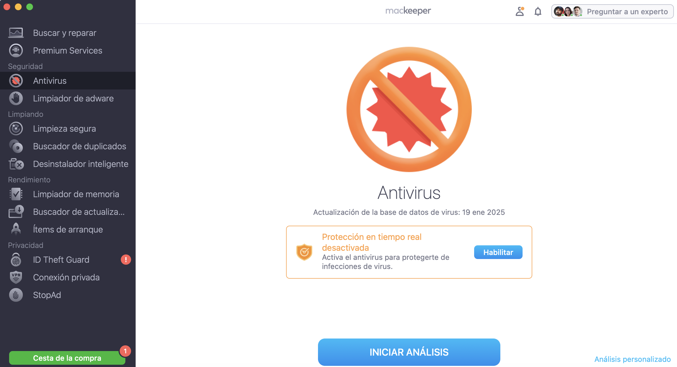 Protege tu Mac de cualquier virus o malware con el antivirus de MacKeeper. Ejecuta MacKeeper y selecciona Antivirus en la barra lateral. Asegúrate de haber activado la protección en tiempo real y haz clic en Iniciar análisis.