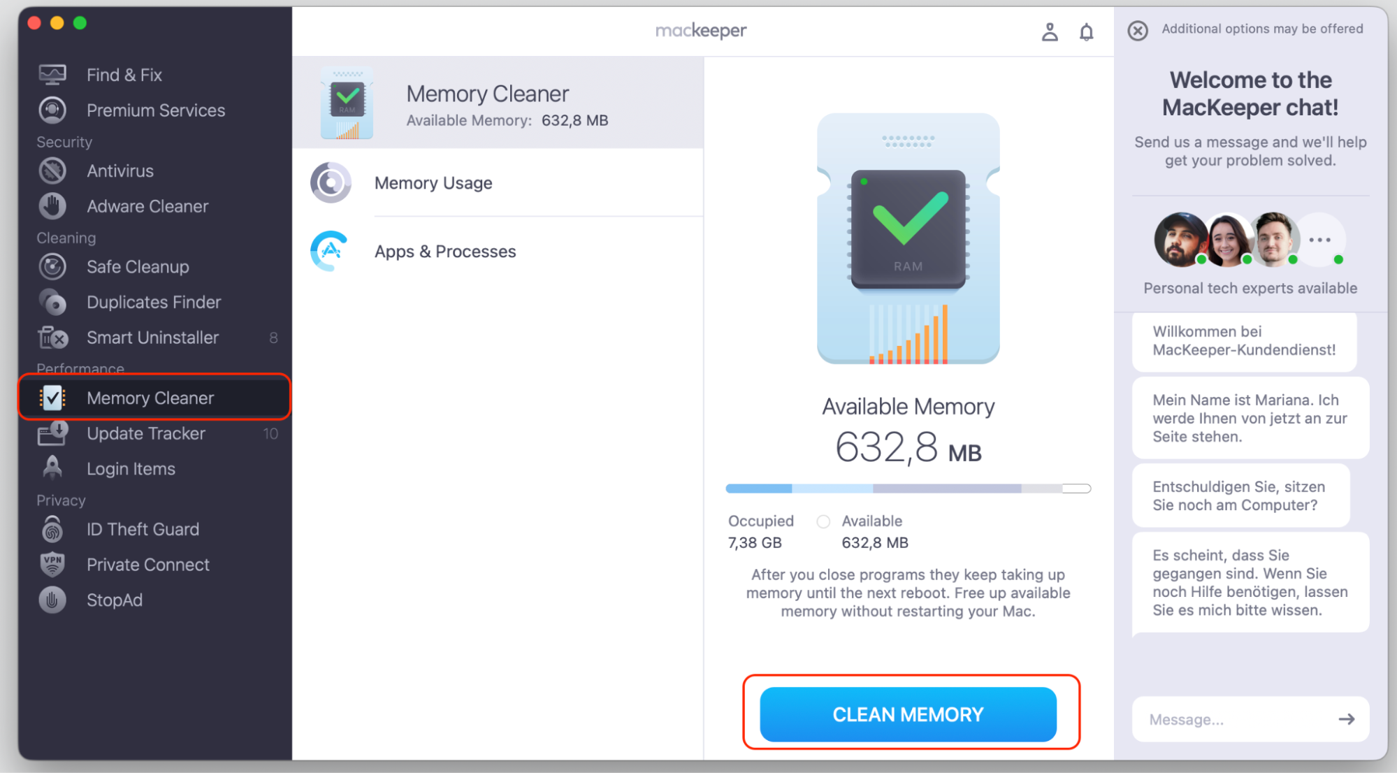 Using MacKeeper's Memory Cleaner window on macOS to free memory and quiet apps draining CPU after backgroundshortcutrunner spikes on a MacBook.