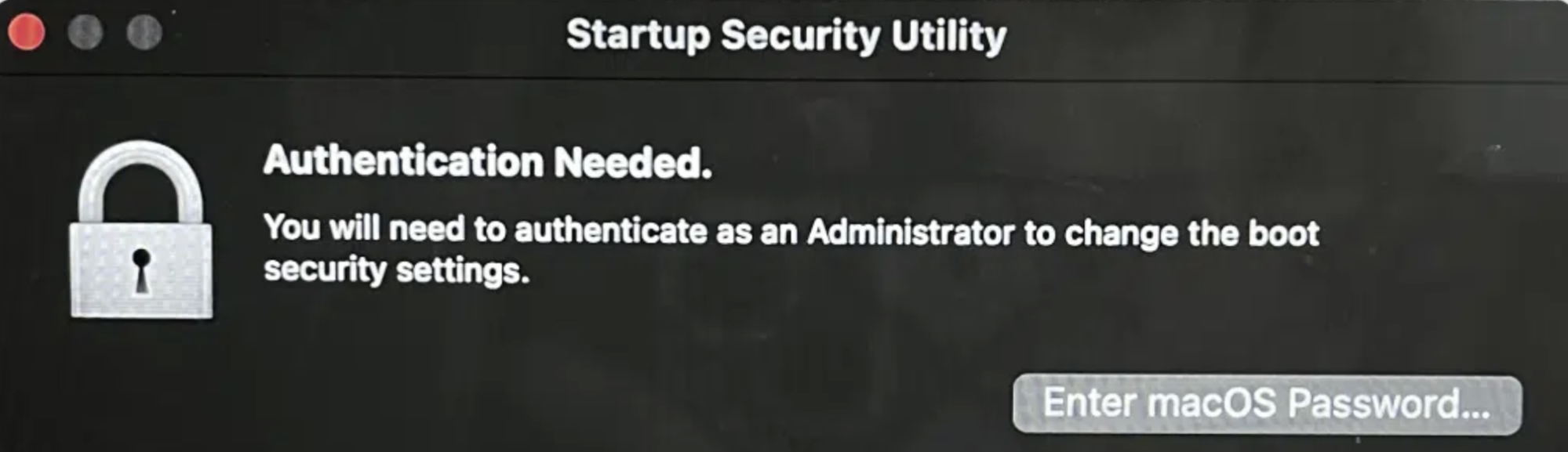 A Startup Security Utility window is opened on a Mac. Enter your macOS password to adjust startup security utility settings.