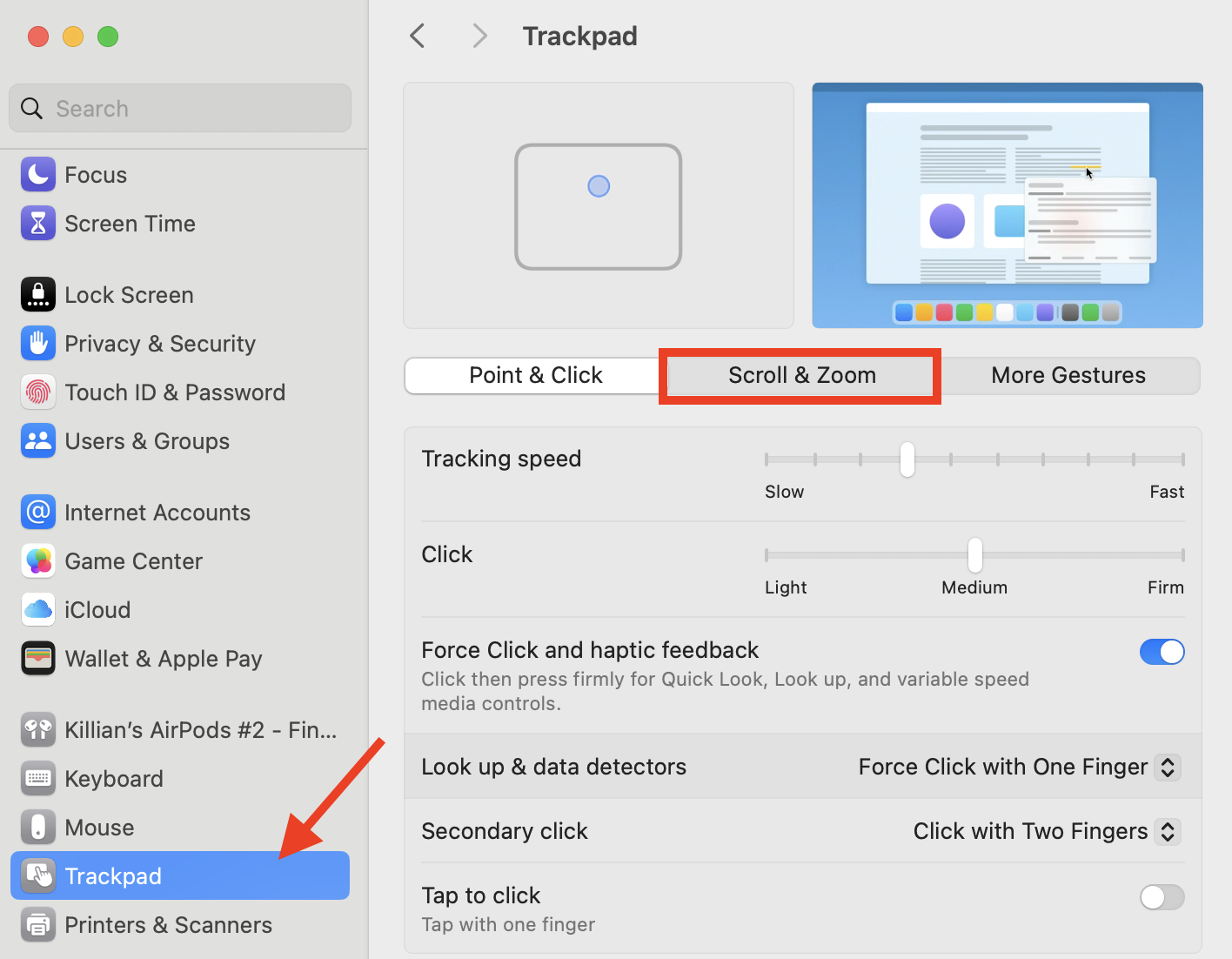 The Trackpad menu inside System Settings on Mac. If you want to know how to change scroll direction on Mac, disable Natural scrolling under Scroll & Zoom.
