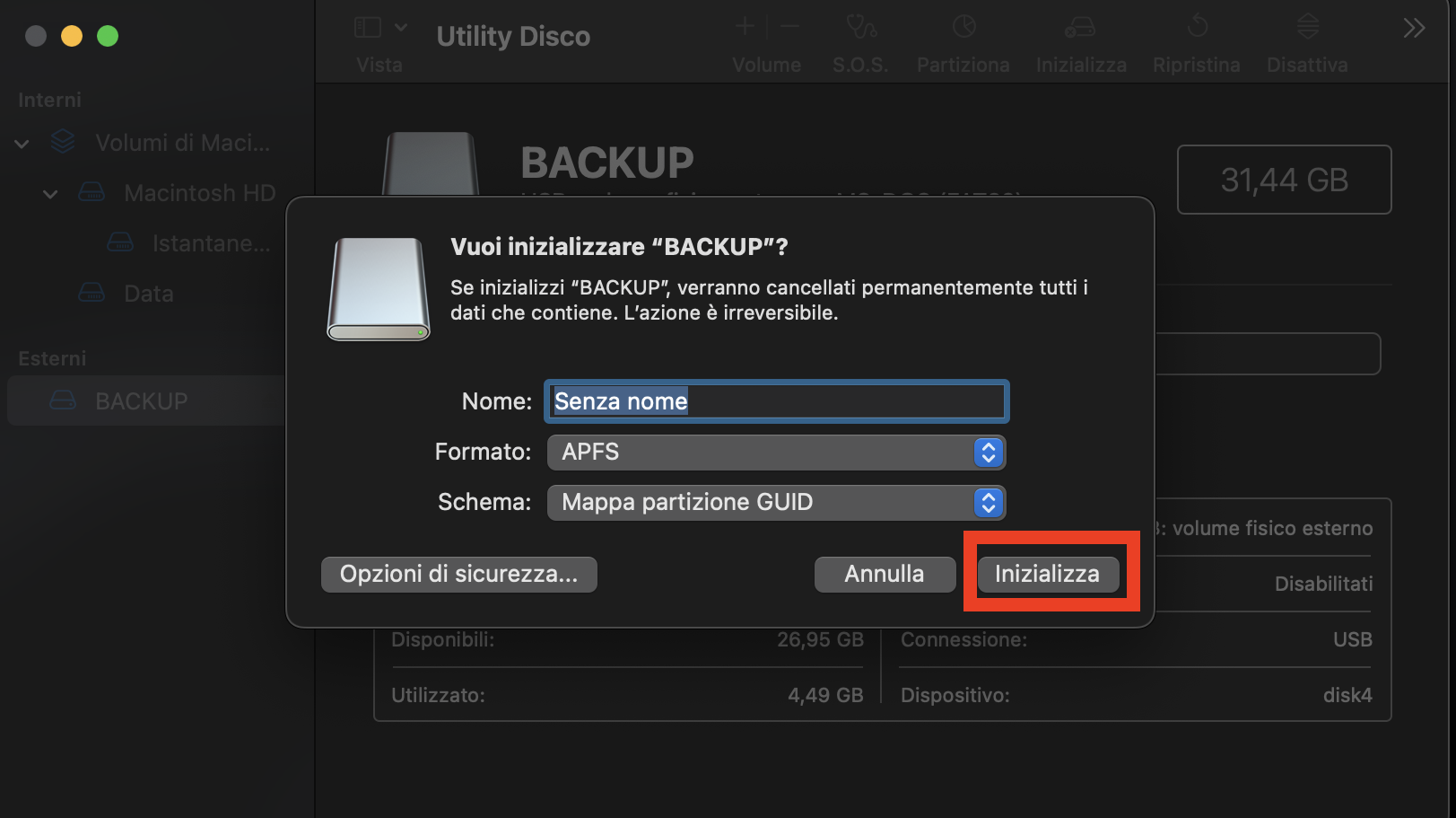 Utility Disco formatterà l'unità in un formato compatibile con Mac, cancellando i dati in essa contenuti. Al termine, fai clic su Fine.