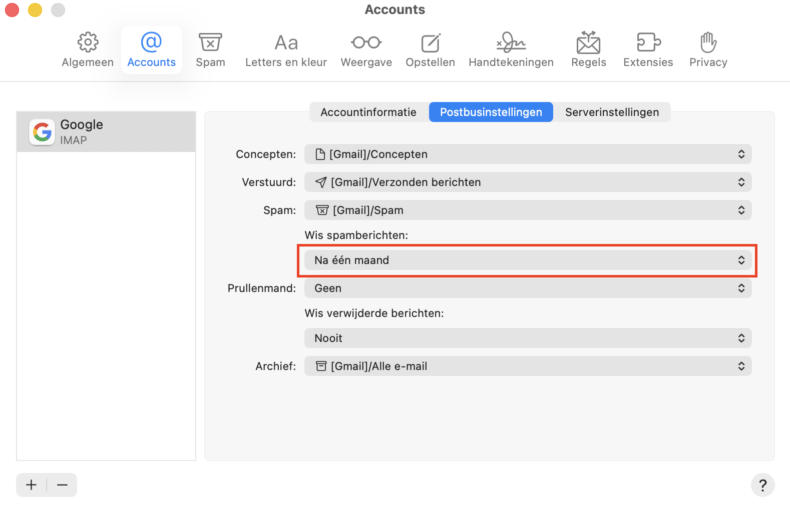 Selecteer in Accountinstellingen de optie ‘na één maand’ in het keuzemenu om reclameberichten te verwijderen.