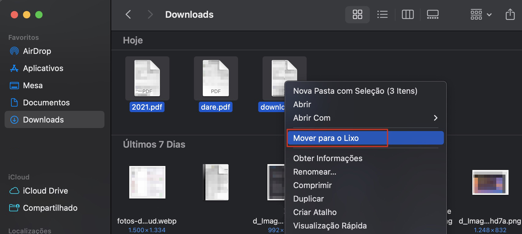 Para limpar o armazenamento do Mac, selecione os itens que deseja excluir, clique com o botão direito neles e escolha Mover para o Lixo.