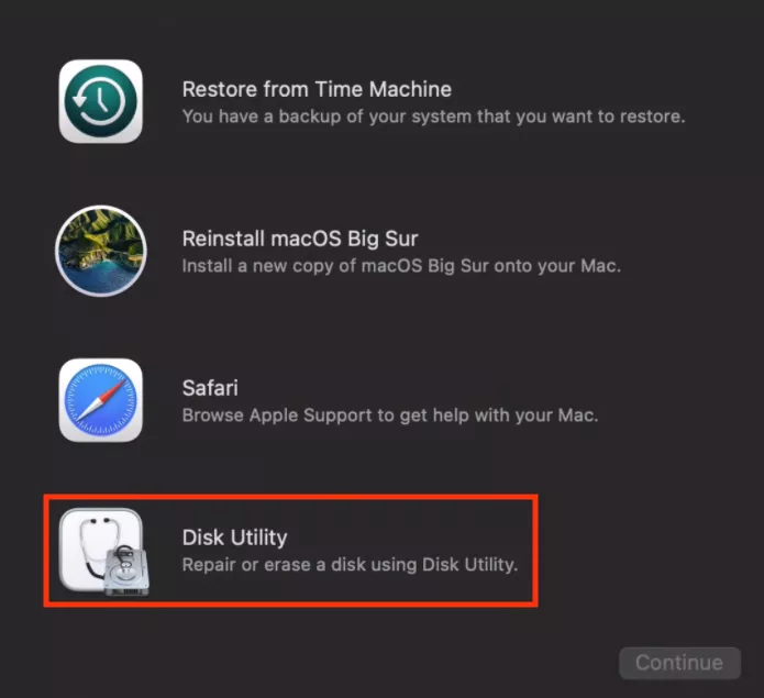 In the macOS Recovery tools window, select Disk Utility to access disk management tools and repair your startup disk using First Aid.