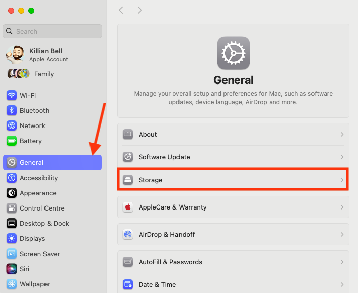 Open System Settings from the Apple menu, click General in the sidebar, then click Storage to see which categories are filling your Mac's drive.