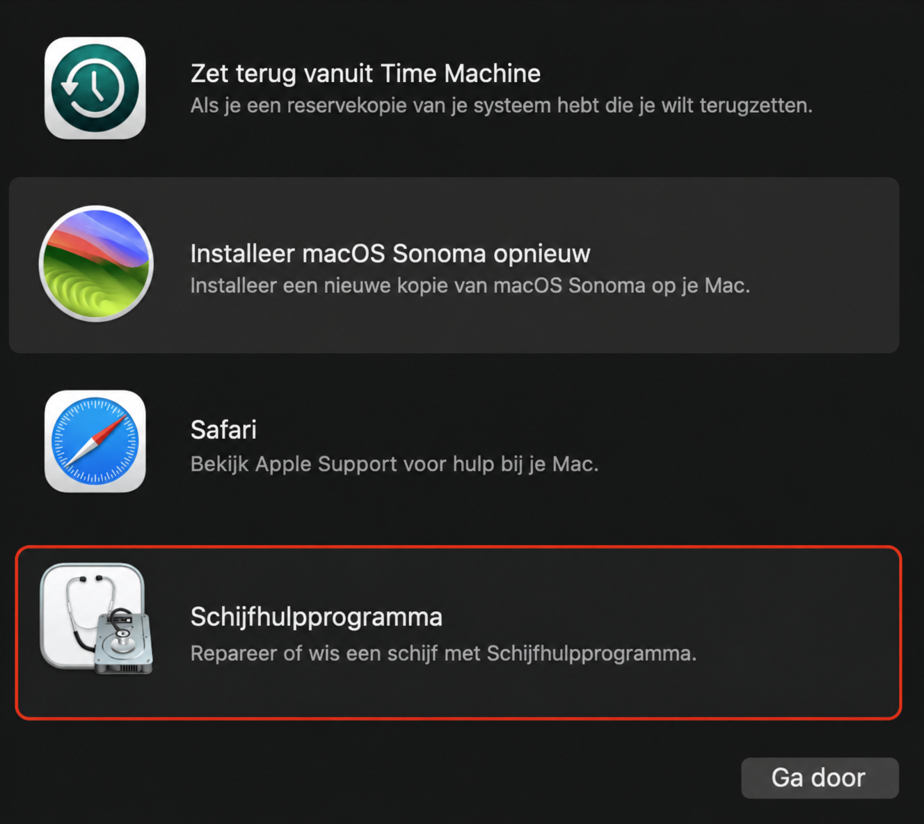 De optie Schijfhulpprogramma is gemarkeerd in het venster van Herstel van Apple. Selecteer deze optie om je MacBook terug te zetten naar de fabrieksinstellingen.