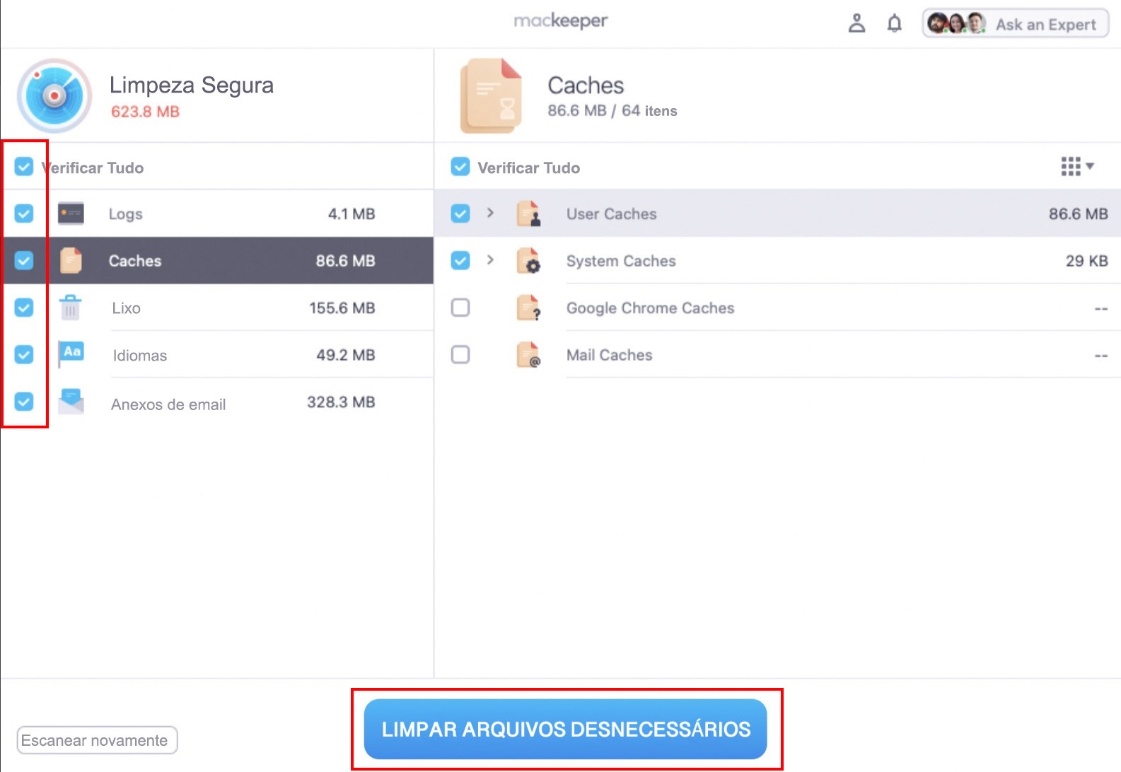 Ao escolher a opção Limpar Arquivos Desnecessários, você removerá todos os arquivos que selecionou. O processo pode levar alguns minutos se houver muitos arquivos para excluir.