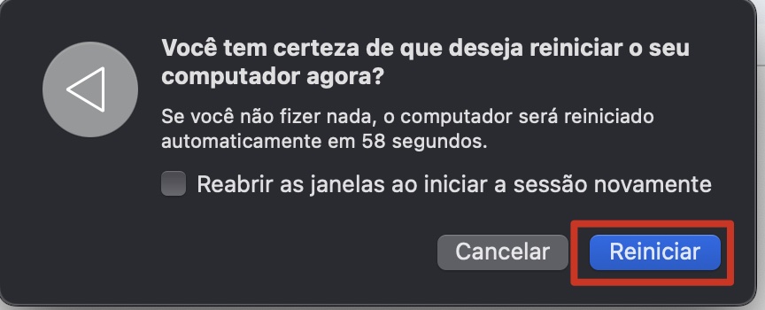 A caixa de diálogo de reinicialização em um Mac, com a opção Reiniciar destacada. Como corrigir a Touch Bar no MacBook Pro: reinicie o seu Mac.