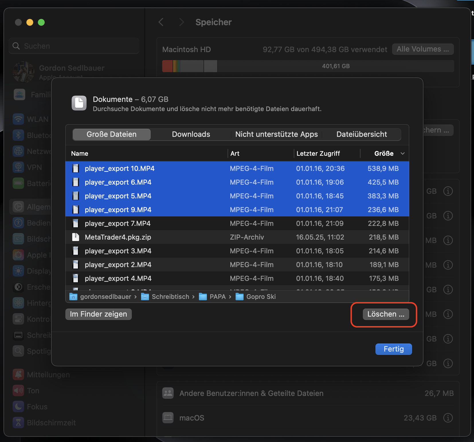 Wählen Sie die Dateien aus, die Sie von Ihrem Mac entfernen möchten, und klicken Sie auf Löschen.