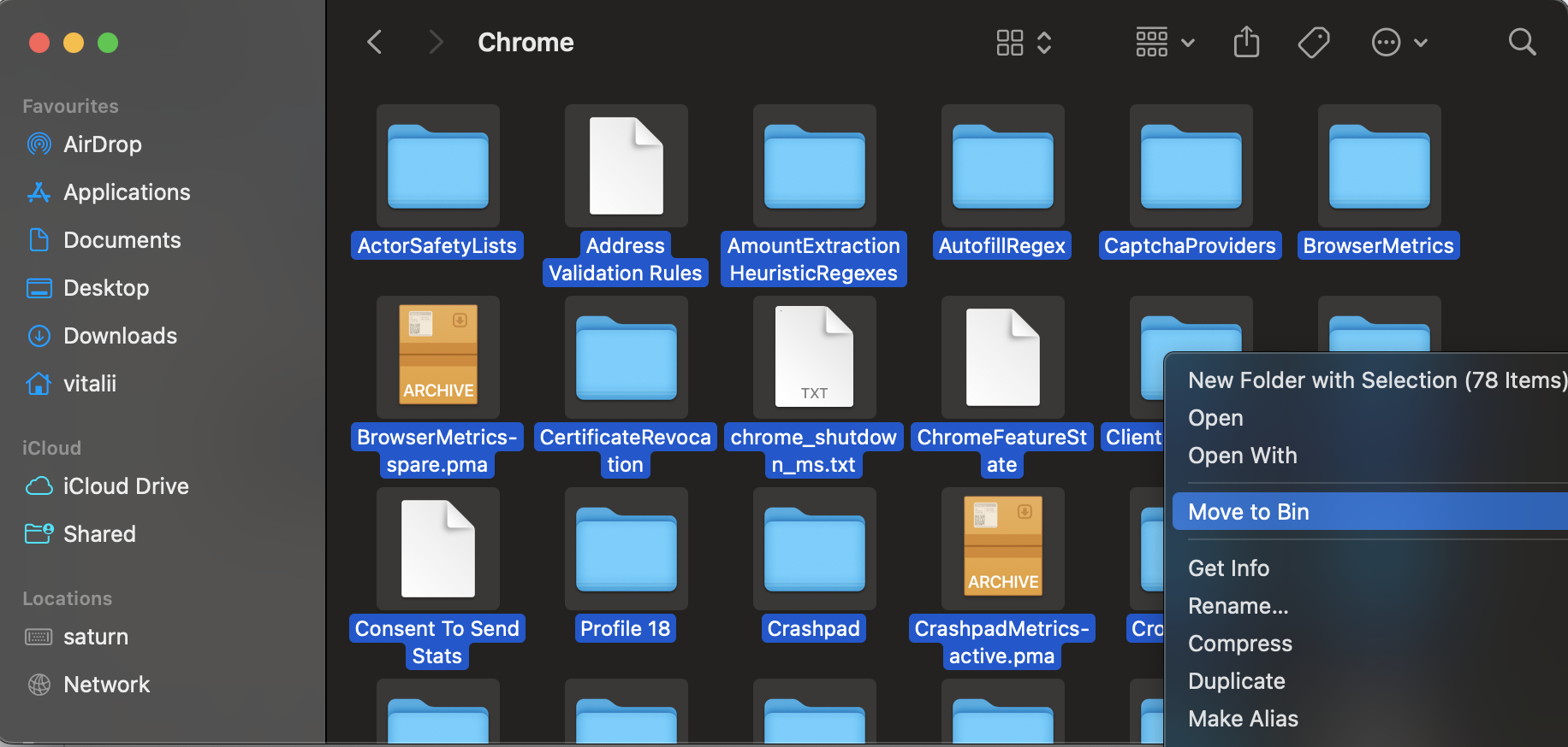 Finder Chrome folder on macOS with the right-click context menu open and Move to Bin selected to delete leftover Chrome files on a MacBook.