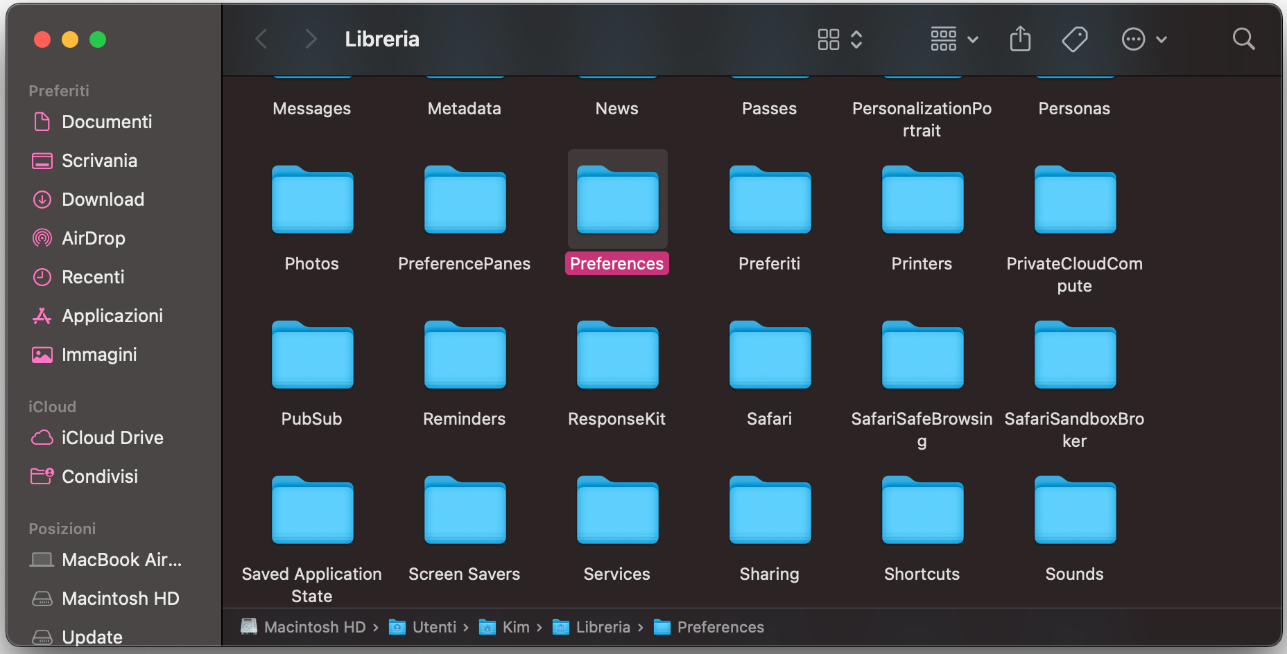 Il Finder su Mac mostra la cartella Preferences. Qui troverai tutti i file delle preferenze di Safari, che puoi eliminare se riscontri problemi.