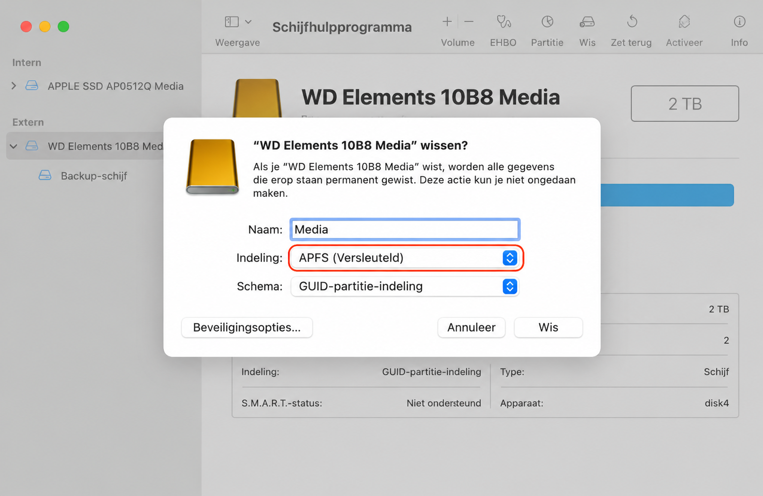 Een pop-upvenster om een volume te wissen wordt weergegeven in Schijfhulpprogramma. Door een volume te wissen kun je je MacBook terugzetten naar de fabrieksinstellingen.