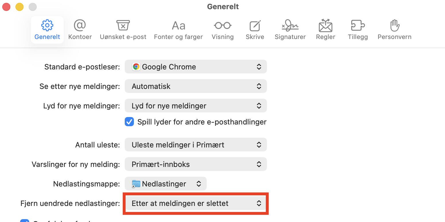Velg alternativet Etter at meldingen er slettet for å slette mailvedlegg og søppelpost fra fanen Generelt i Mail-appens innstillinger.