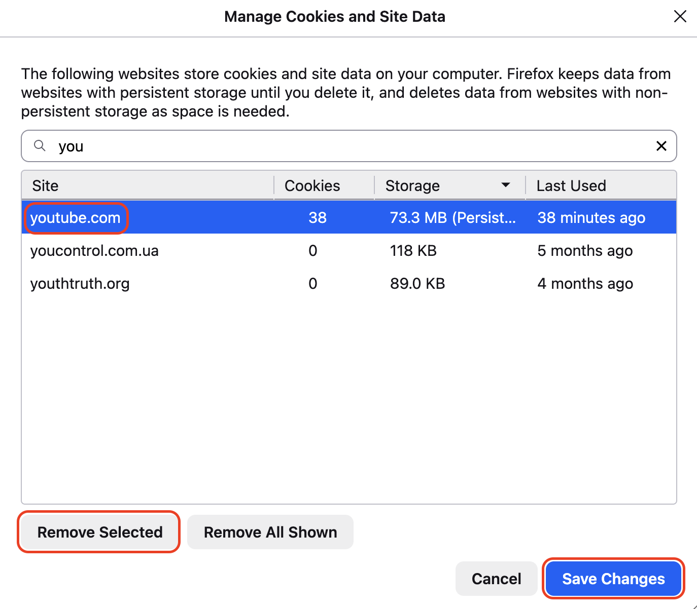 Select youtube.com in Firefox's Manage Data window, click Remove Selected, then press Save Changes to delete stored YouTube cookies and cached data.