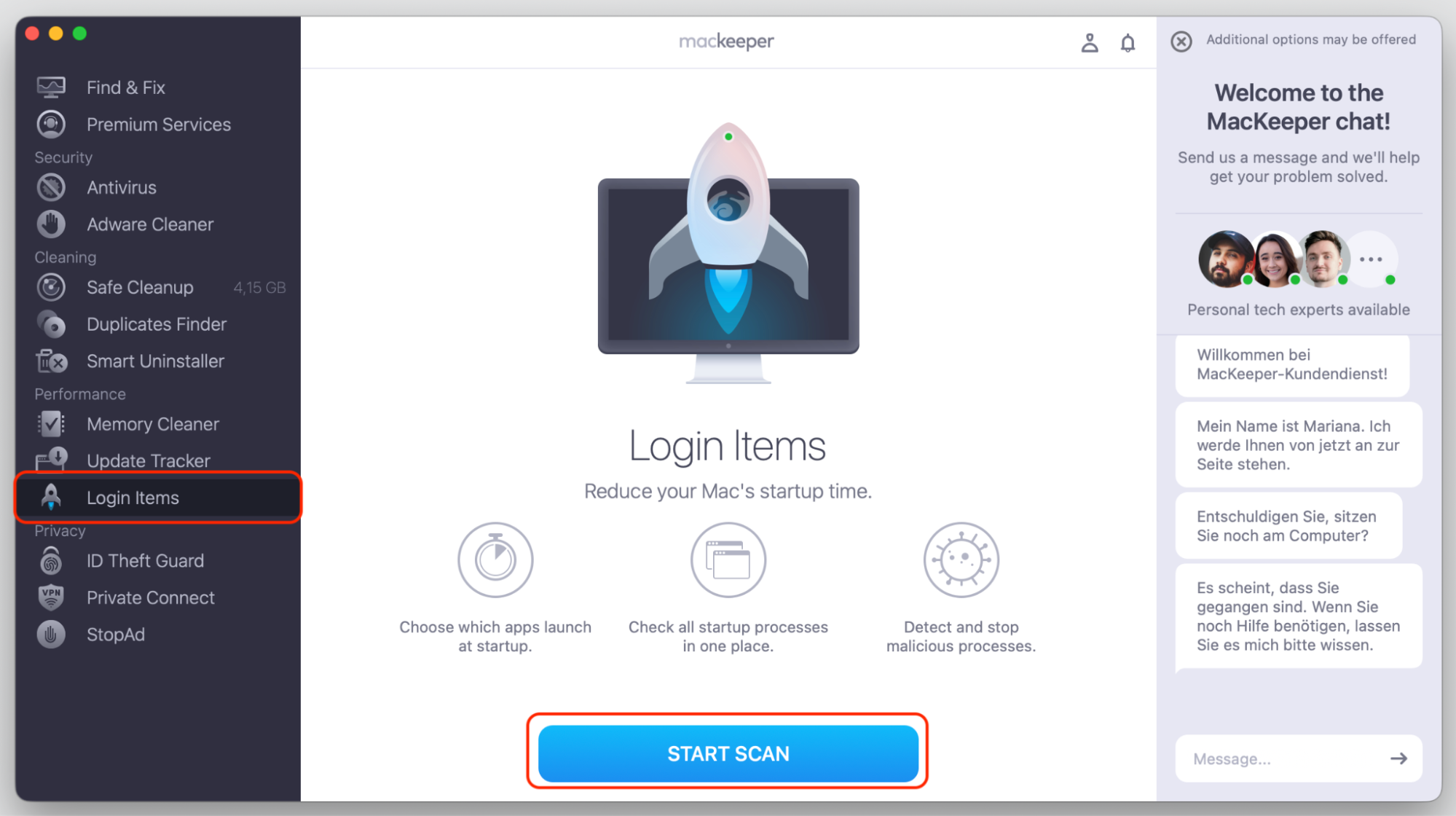 MacKeeper's Login Items tool on a MacBook with the Start Scan button to detect hidden startup apps slowing down macOS performance.