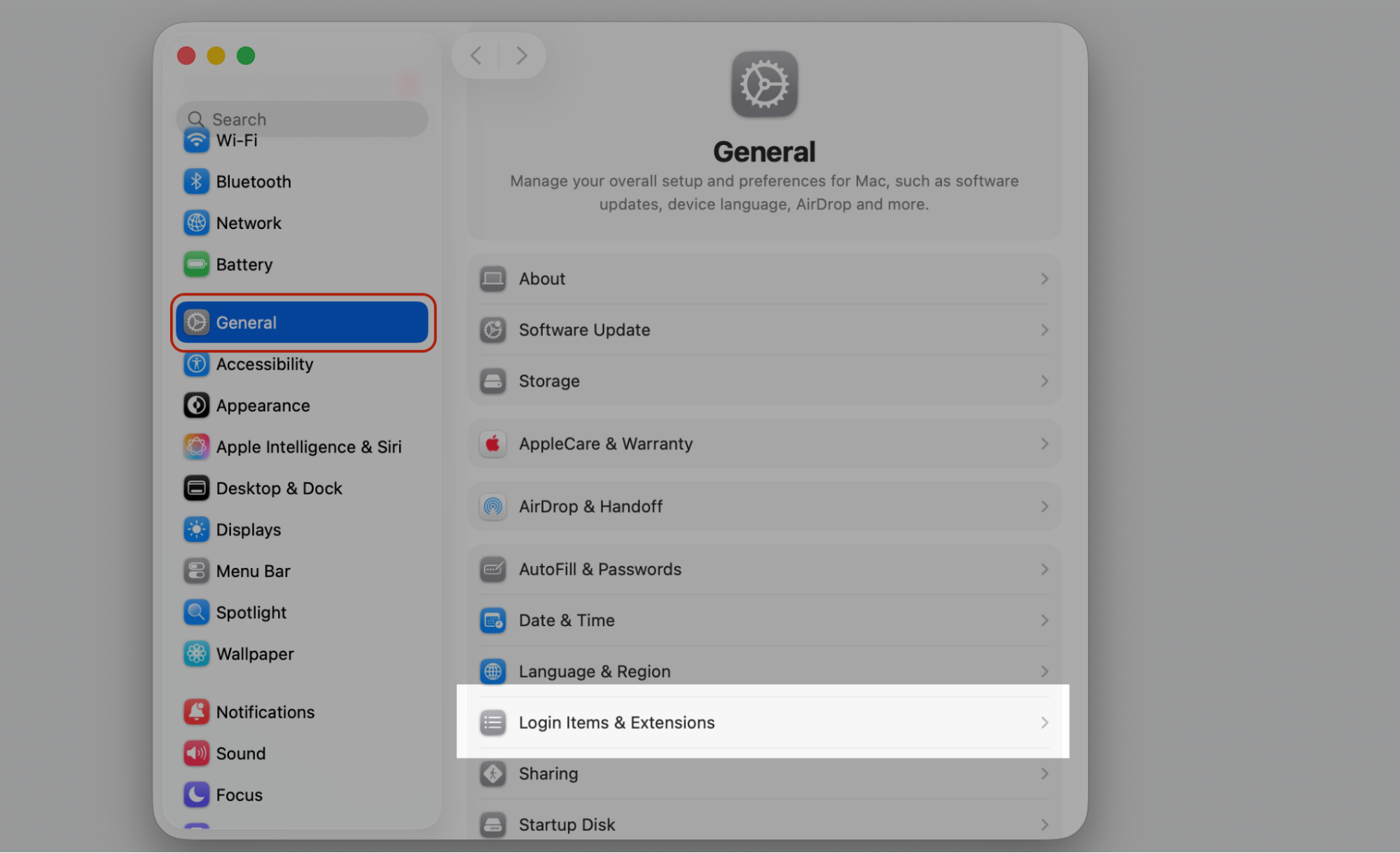 System Settings General tab on macOS with Login Items and Extensions selected so Dropbox can open at login and show its menu bar icon.
