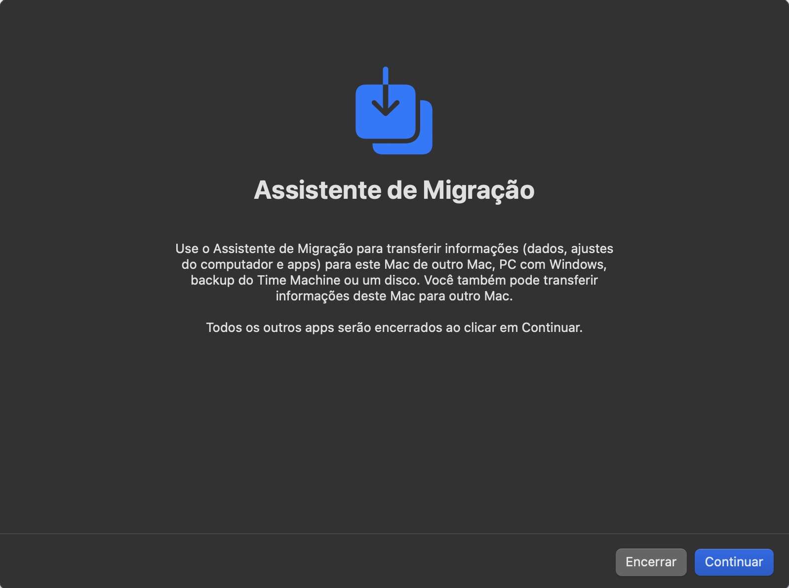 Para iniciar o backup do Time Machine no seu Mac, você precisa acessar o aplicativo Assistente de Migração. Nele, você pode tocar em Continuar; você será desconectado da sua conta e todos os aplicativos serão fechados.