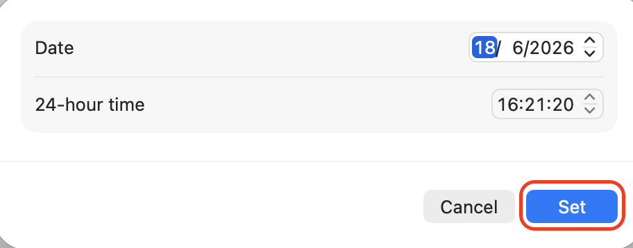 Manual date and time dialog on a Mac, entering the correct date and time then pressing Set in macOS Tahoe to confirm it.