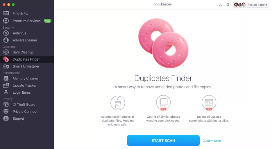 To find screenshots you no longer need on your Mac, open MacKeeper, select Duplicates Finder, and click Start Scan.