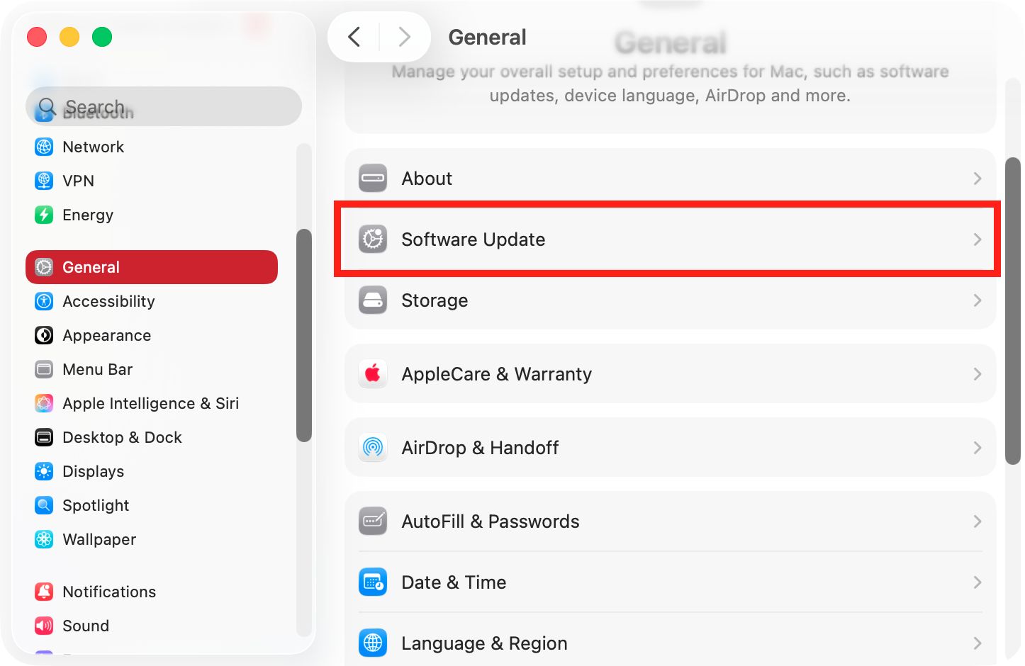Bugs in macOS can cause issues with your keyboard. Make sure your Mac is up to date at all times. Start by going to General > Software Update in your Mac's System Settings.