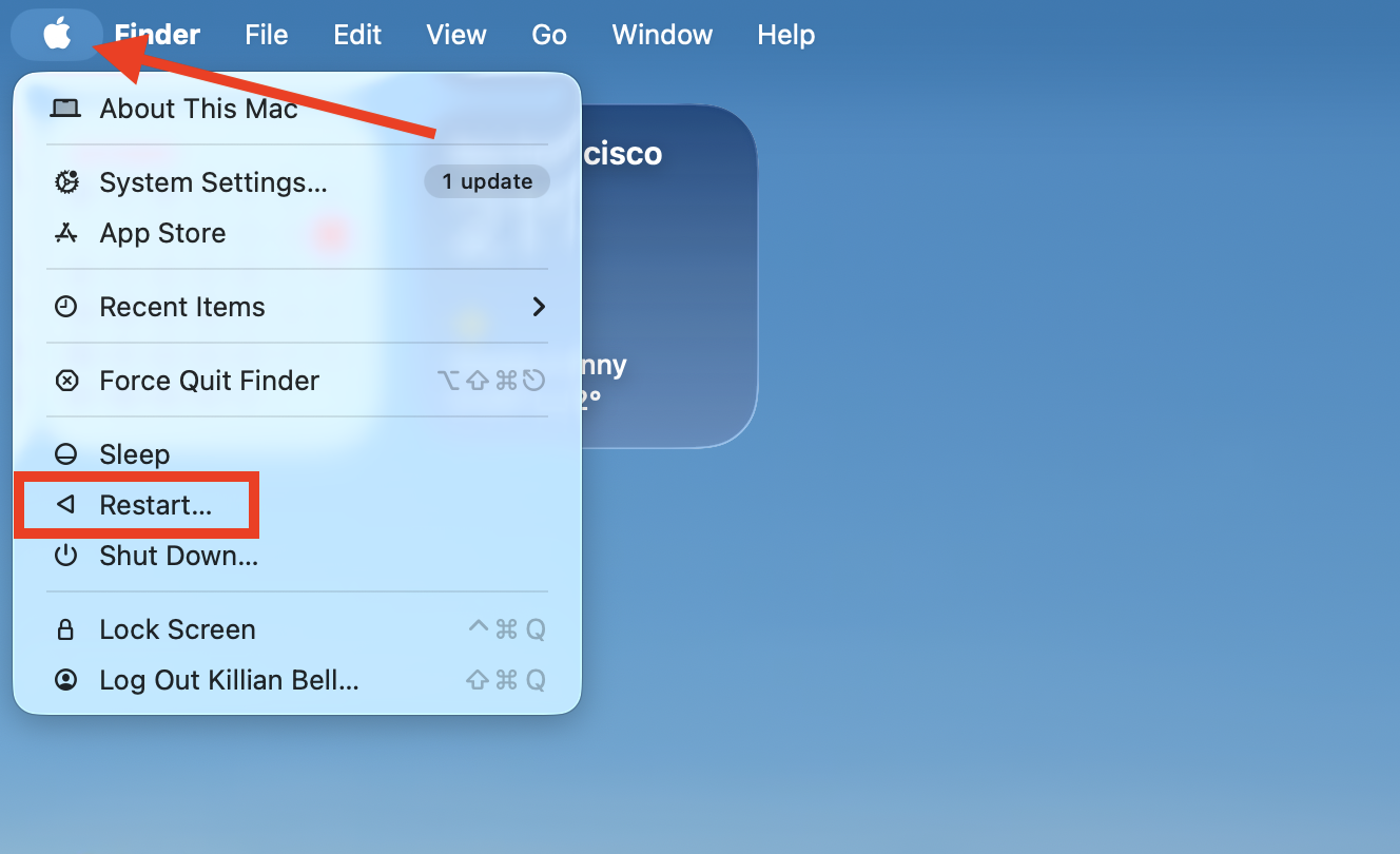 The Restart option in the Apple menu on Mac. When you encounter problems with the suggestd process, first restart your Mac to refresh all system processes.