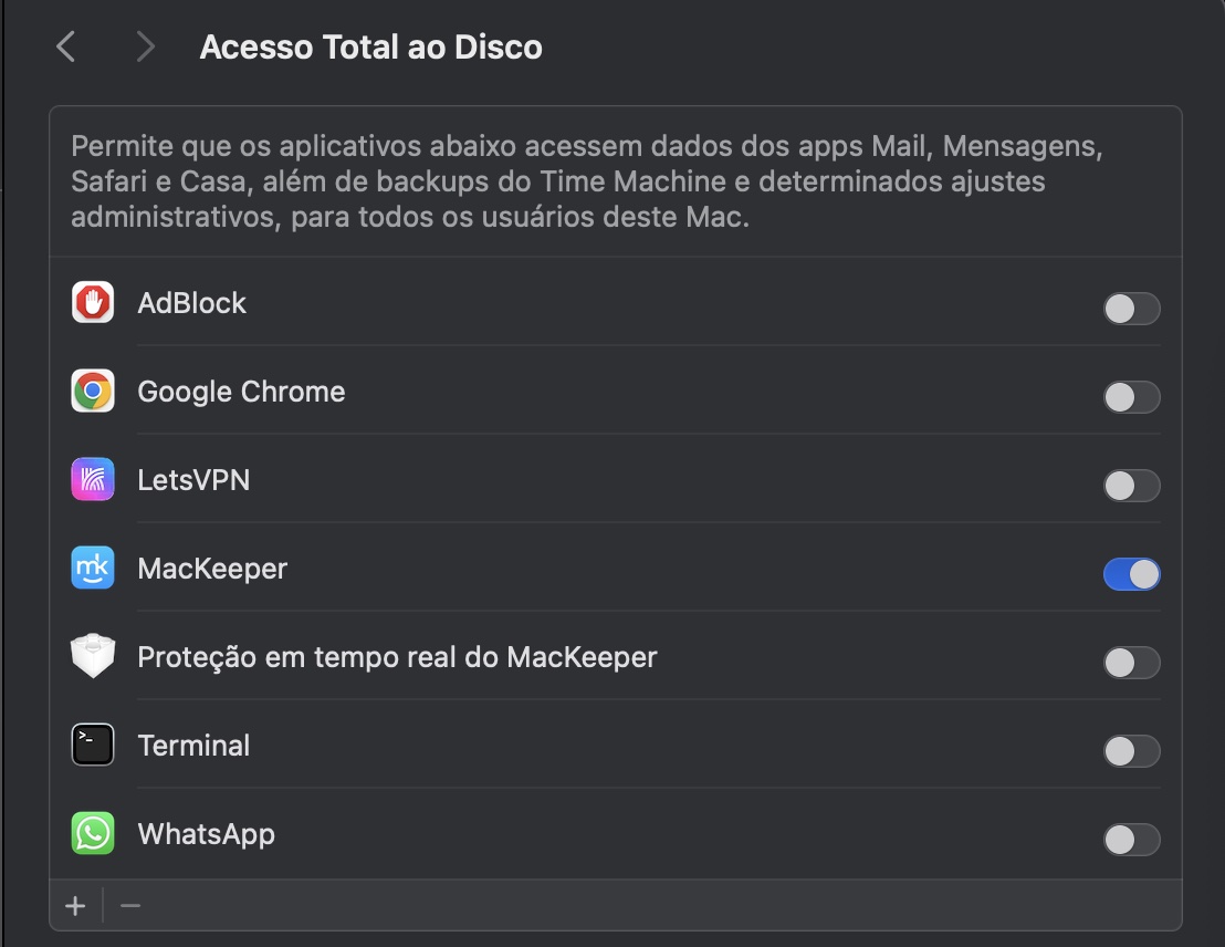 Role para baixo e clique em Acesso Total ao Disco. Isso mostrará uma lista completa de todos os aplicativos que foram autorizados a acessar os dados do seu Mac. Se houver algo que você não reconheça ou suspeite ser malicioso, você pode desmarcá-lo para restringir o acesso aos seus dados.