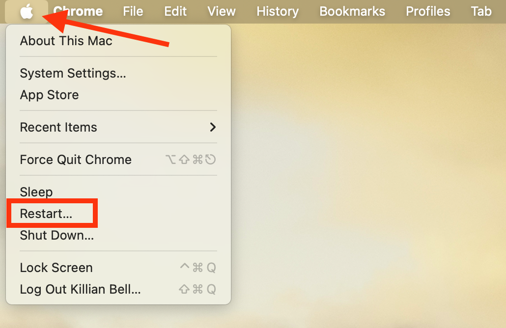 The Restart option in the Apple menu on Mac. To get into Recovery mode to fix no startup disk issues, first restart your computer.