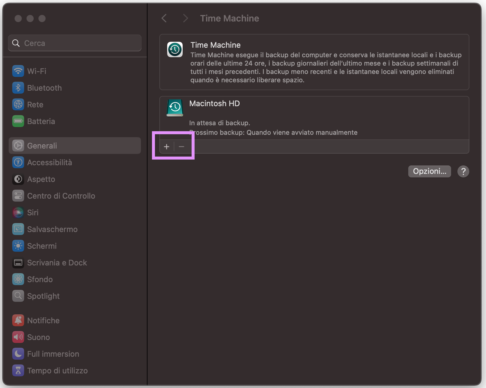 Impostazioni di Sistema su Mac mostra il menu Time Machine. Per clonare i dati da un Mac all’altro con Time Machine, fai clic su Aggiungi disco di backup per eseguire il backup su una nuova unità esterna.
