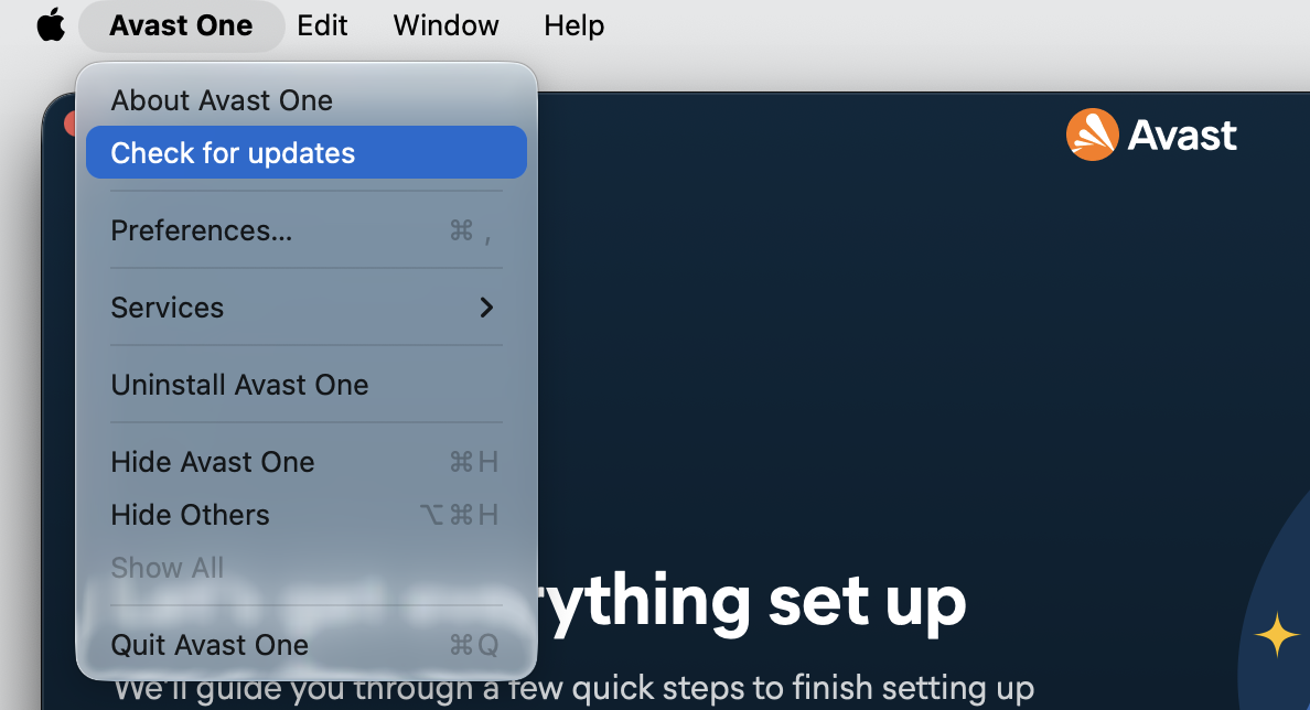 Avast One menu bar dropdown on macOS with Check for updates selected to update the app and stop the bad search engine warning.