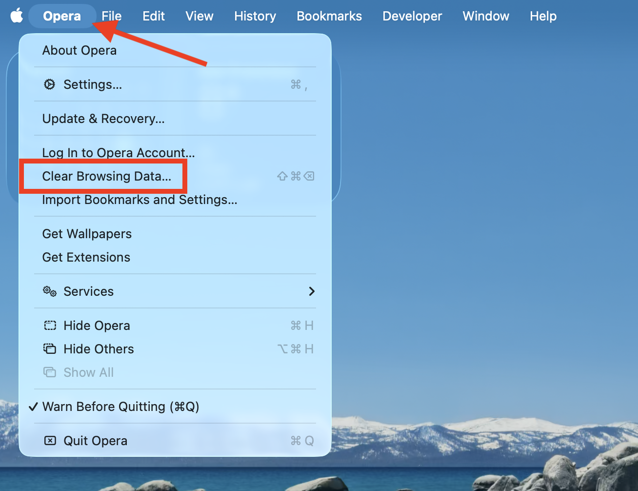 The Clear Browsing Data option inside the Opera menu on Mac. Select this when you want to clear the Google Drive cache on Mac within the Opera browser.