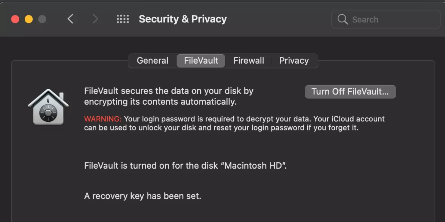 FileVault settings appear in Mac’s System Preferences. Click the FileVault tab and the Turn Off FileVault button to disable FileVault on your Mac.