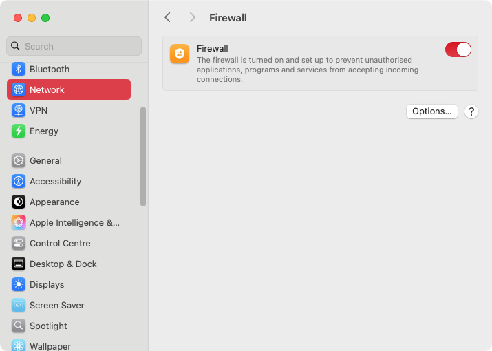 A common issue with macOS Sequoia is that the Apple firewall blocks internet browsers, VPNs, and more. Turning it off temporarily will let you narrow the firewall down as the cause.