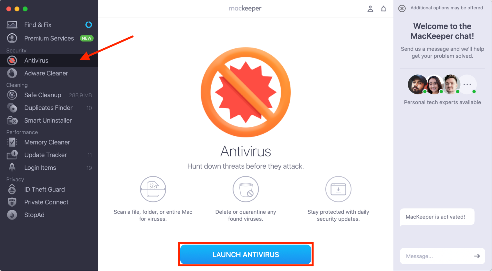 The Antivirus feature inside MacKeeper on Mac. If you have to change your user name on Mac because of a virus infection, you can use MacKeeper's Antivirus to remove it and block new threats in the future.