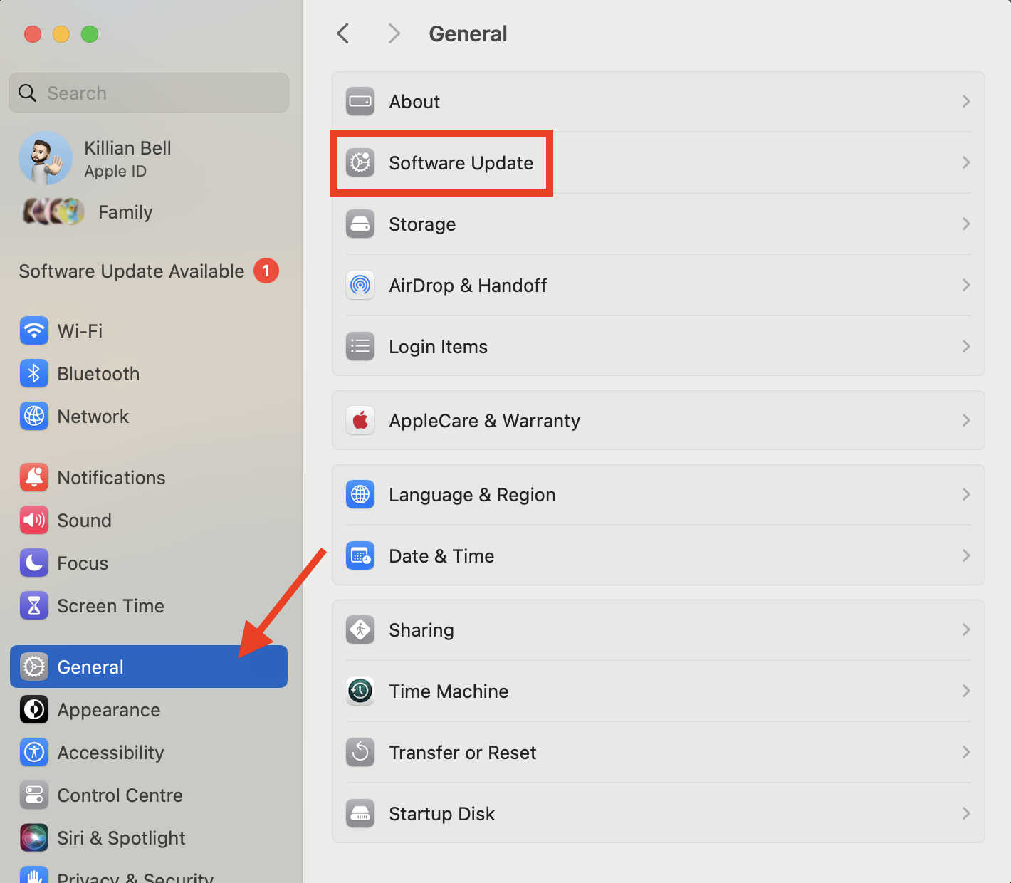 The Software Update menu in System Settings on Mac. Try installing any available macOS updates to fix issues when you find Disk Utility not loading on Mac.