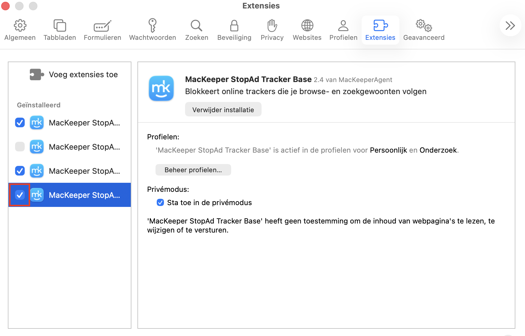 Om extensies in Safari uit te schakelen, klik je op Safari in het bovenste tabblad en selecteer je Voorkeuren. Schakel in het tabblad Extensies het vakje links ervan uit.
