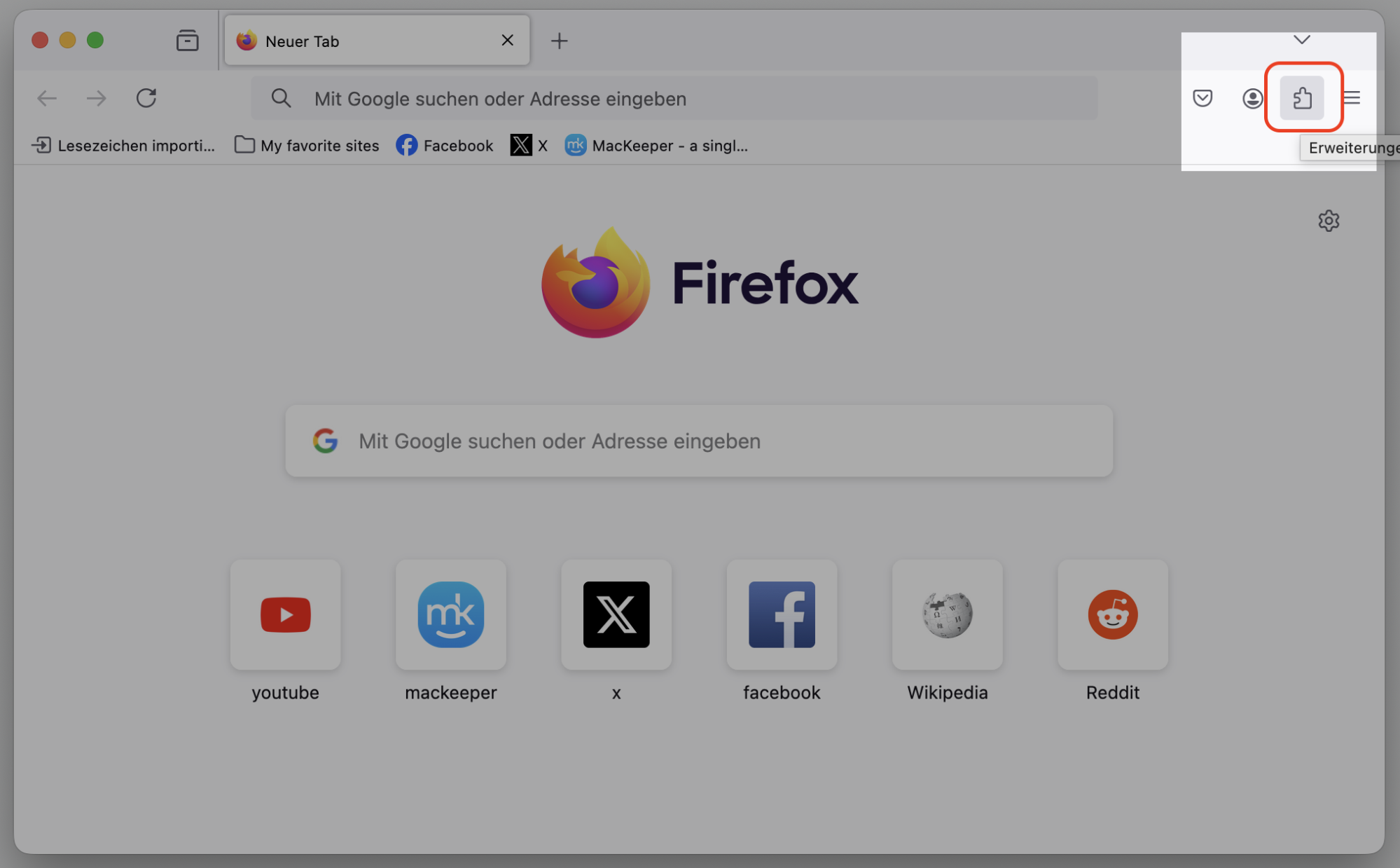 Firefox für Mac mit hervorgehobener Puzzleteil-Schaltfläche für Erweiterungen. So entfernen Sie Erweiterungen, als Teil einer Anleitung, wie man gefälschte McAfee-Pop-ups auf dem Mac blockieren kann.