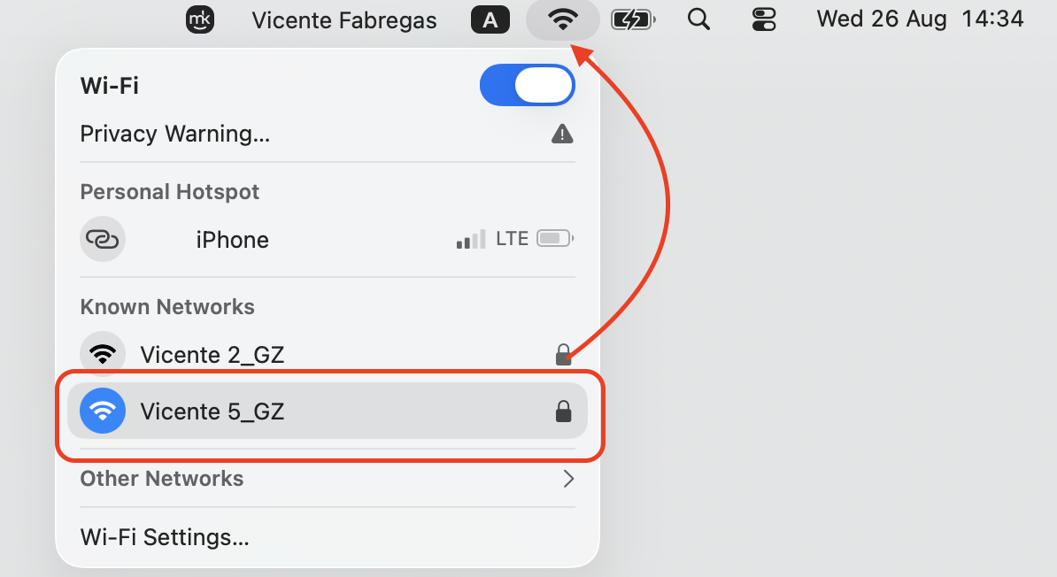 macOS Wi-Fi menu opened from the menu bar on a MacBook, selecting the Vicente 5_GZ network so the Mac and Roku share the same Wi-Fi.