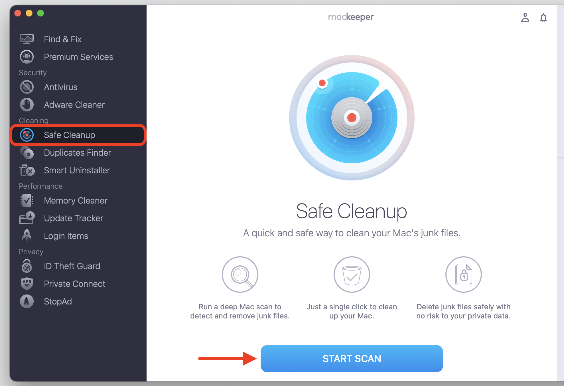 The MacKeeper app on macOS showing the Safe Cleanup tab with the Start Scan button highlighted to begin clearing junk files on your Mac.