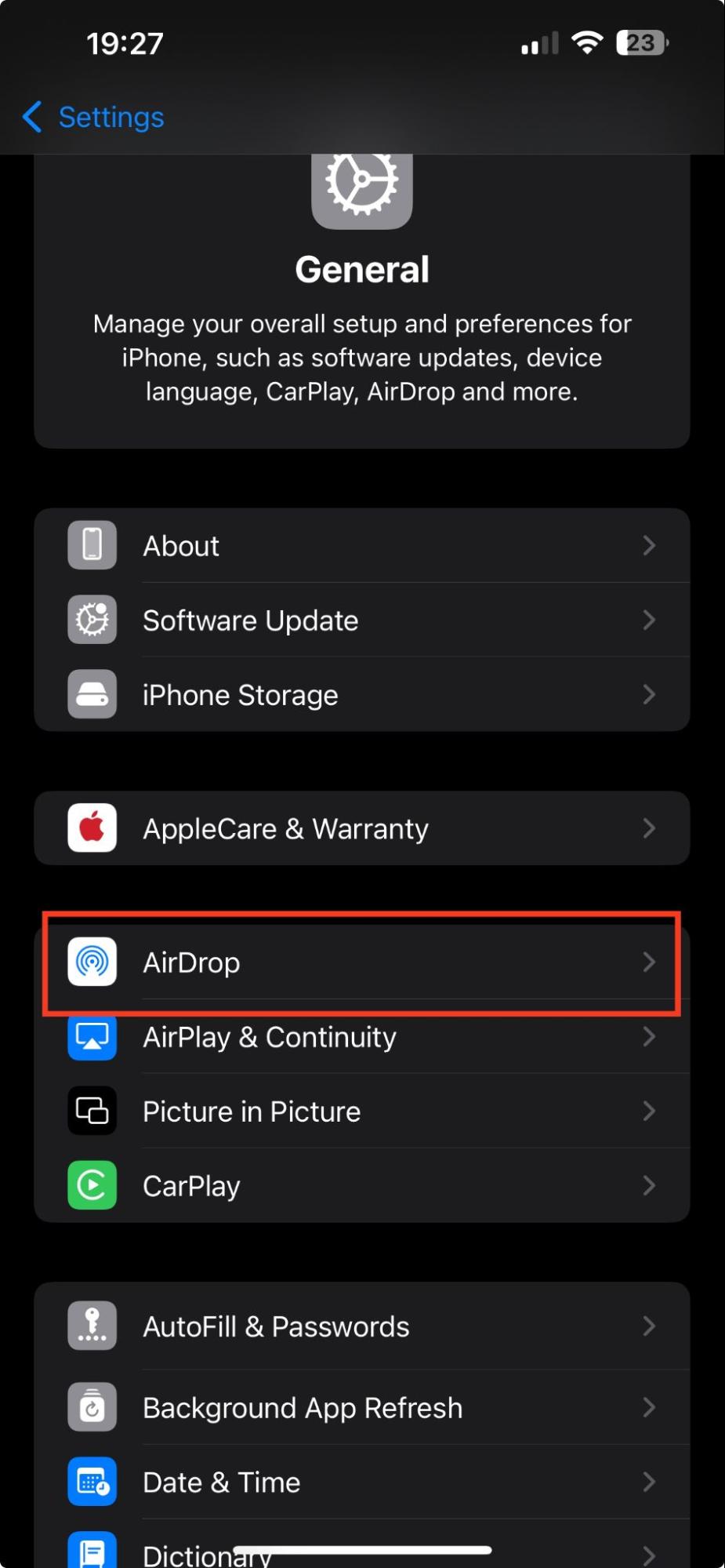 To amend your AirDrop settings, start by opening the Settings app and selecting General. In General settings, select the AirDrop option.