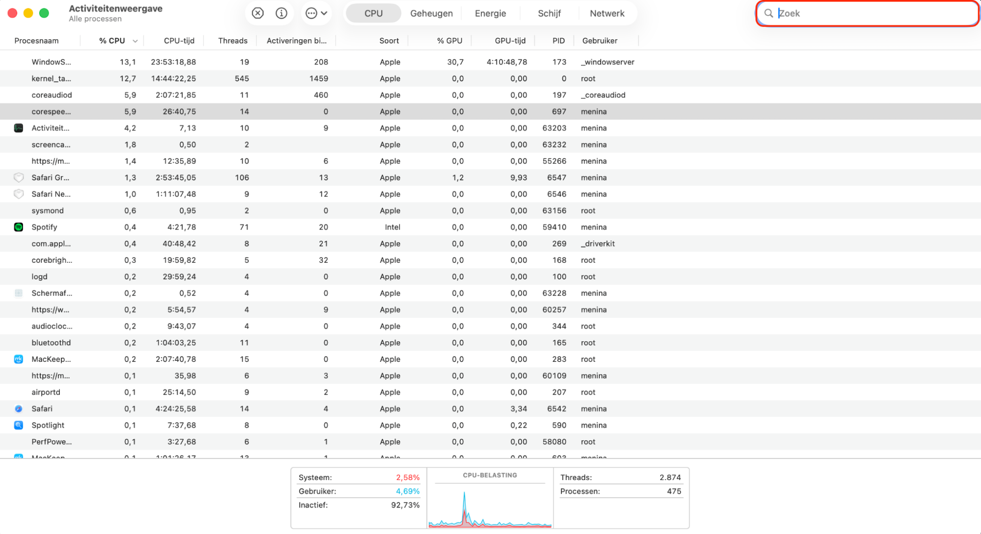 Met Activiteitenweergave kun je zien of er achtergrondprocessen zijn die veel RAM-geheugen gebruiken. Deze kunnen Safari vertragen, dus het is belangrijk om ze onder controle te houden.