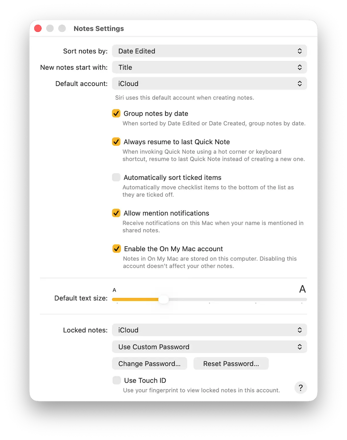 Open Notes settings on a Mac. Check the Default account and enable On My Account when the Notes app is not working on a Mac.
